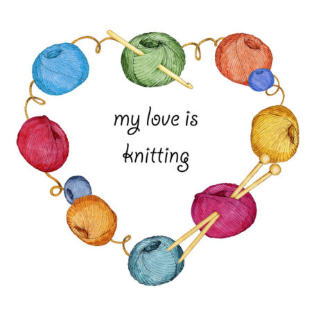 hand drawn watercolor heart-shaped wreath consisting of knitting accessories on a white background